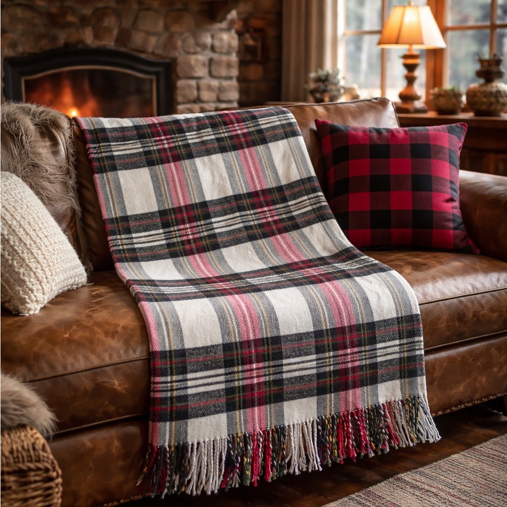 NEW Natural Home Red Plaid Throw Blanket 50X60 Fringe Cotton Home Cabincore